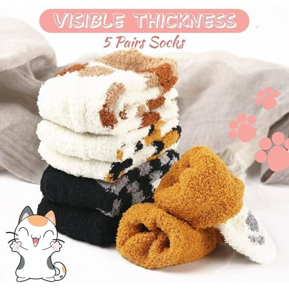 fauson 5 Pairs Fuzzy Socks for Women - Warm Cat Socks Fluffy Winter Plush Slippe